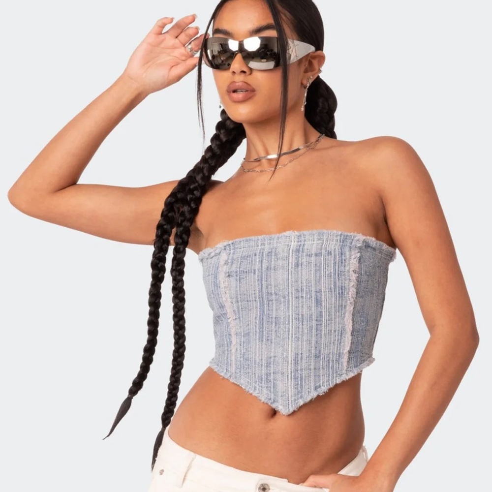 Edikted Cici Distressed Denim Corset, XS